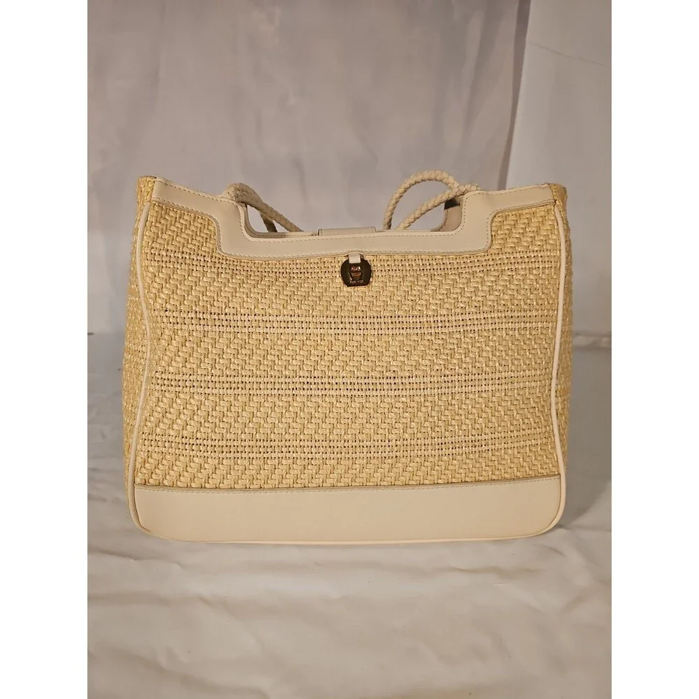 Vintage Etienne Straw Woven Cream and Brown Satchel Purse Handbag